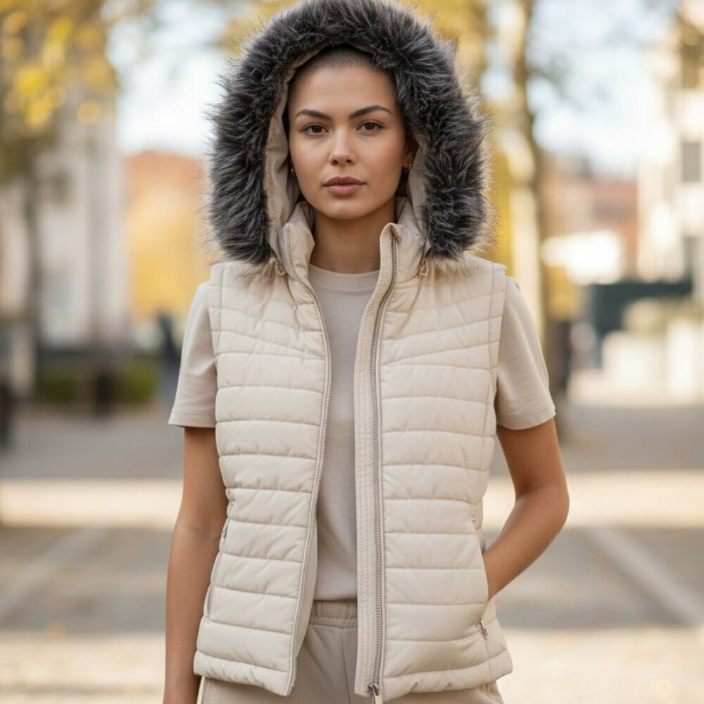 Greenlander Puffer Vest White‎ Fur Hood NWOT Sz L